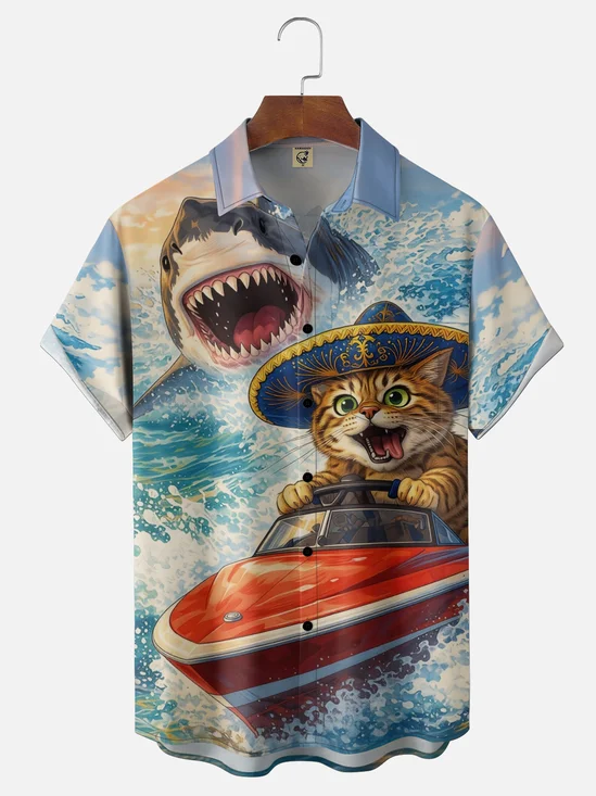 Moisture-Wicking Gradient  Fun & Humorous Shark Chase Cat Driving A Yacht Print Chest Pocket Hawaiian Shirt