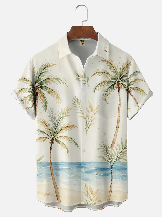Moisture-Wicking Beach Palm Trees Chest Pocket Hawaiian Shirt