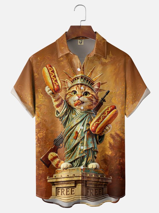 Moisture-WickingCat Gun Hot Dog Statue Of Liberty Chest Pocket Hawaiian Shirt