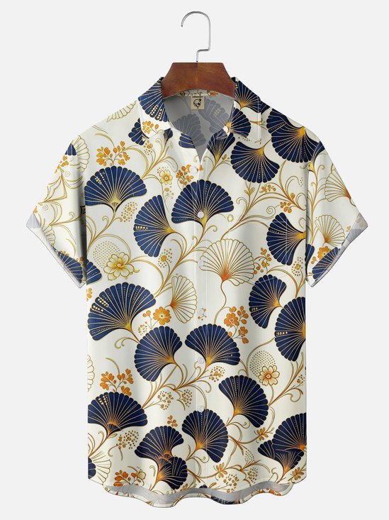 Moisture-Wicking Ginkgo Leaf Vacation Chest Pocket Hawaiian Shirt