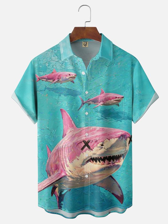 Moisture-Wicking  Shark Chest Pocket Hawaiian Shirt