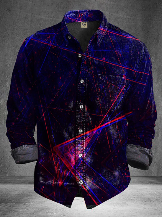Moisture-Wicking Abstract Gradient Geometric Lines and Chest Pocket  Casual Long-Sleeve Shirt