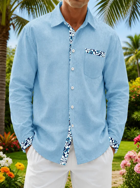 Linen-Texture Solid & Floral Patchwork Chest Pocket Casual Long-Sleeve Shirt