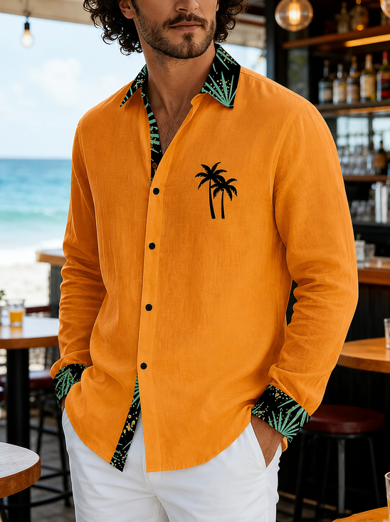 Linen-Texture Solid-Color Patchwork Coconut Tree  Long-Sleeve Casual Shirt