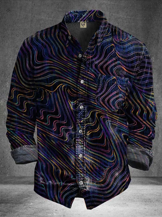 Moisture-Wicking  Abstract Gradient Lines and Chest Pocket Casual Long-Sleeve Shirt