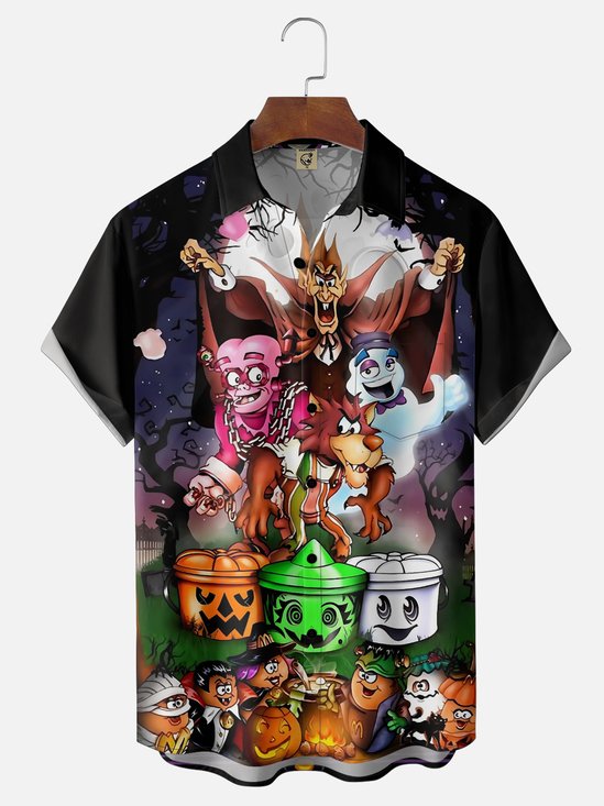 Moisture-Wicking Gradient Halloween Monster Cereal & Trick-Or-Treat Bucket Print  Chest Pocket Hawaiian Shirt