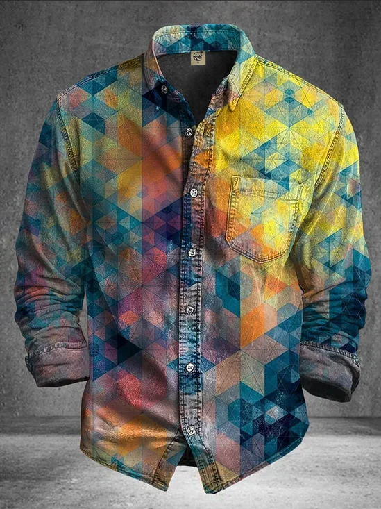 Moisture-Wicking  Abstract Gradient Geometric Lines and Chest Pocket Casual Long-Sleeve Shirt