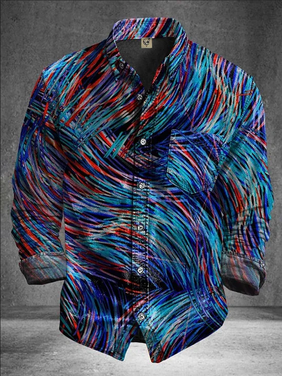 Moisture-Wicking Abstract Gradient Lines and Chest Pocket Casual Long Sleeve Shirt