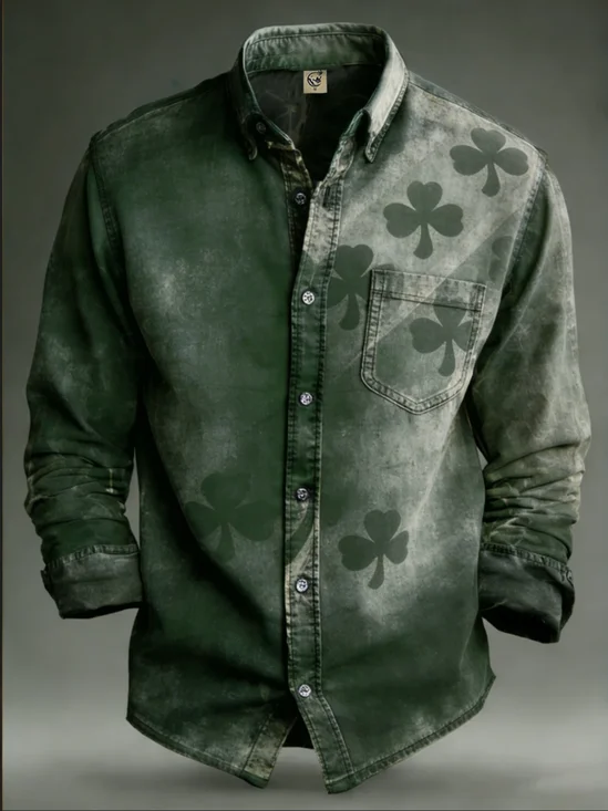 Moisture-Wicking Lucky Clover Chest Pocket  Casual Long-Sleeve Shirt