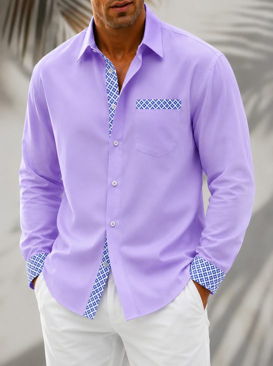 Linen Textured Solid Color Checkered Chest Pocke Holiday Long Sleeve Casual Shirt