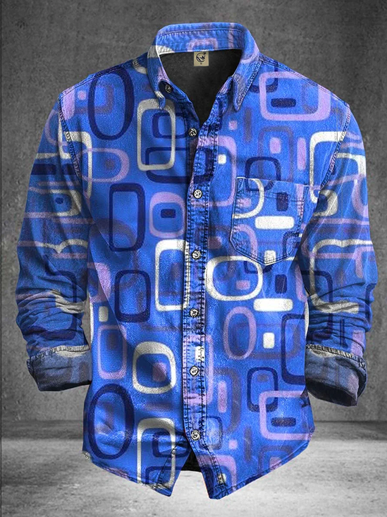 Moisture-Wicking Abstract Geometric Print Chest Pocket Long-Sleeve Casual Shirt