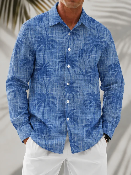 Linen-Texture Coconut Tree Chest Pocket  Long-Sleeve Casual Shirt