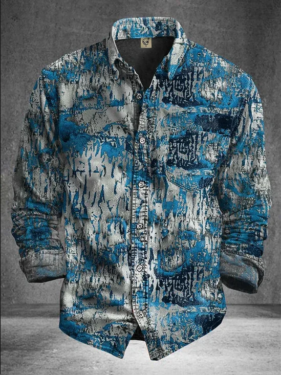 Moisture-Wicking Abstract Gradient Geometric Lines and Chest Pocket  Casual Long-Sleeve Shirt