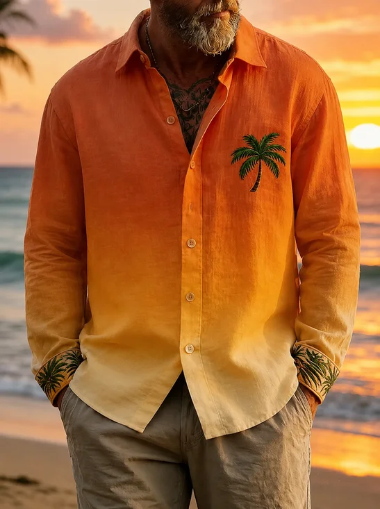 Linen-Texture Gradient Palm Tree Casual Long Sleeve Shirt