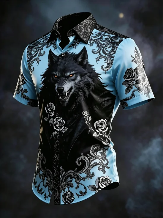 Silk Satin Breathable Wolf Ethnic Floral Business Shirt