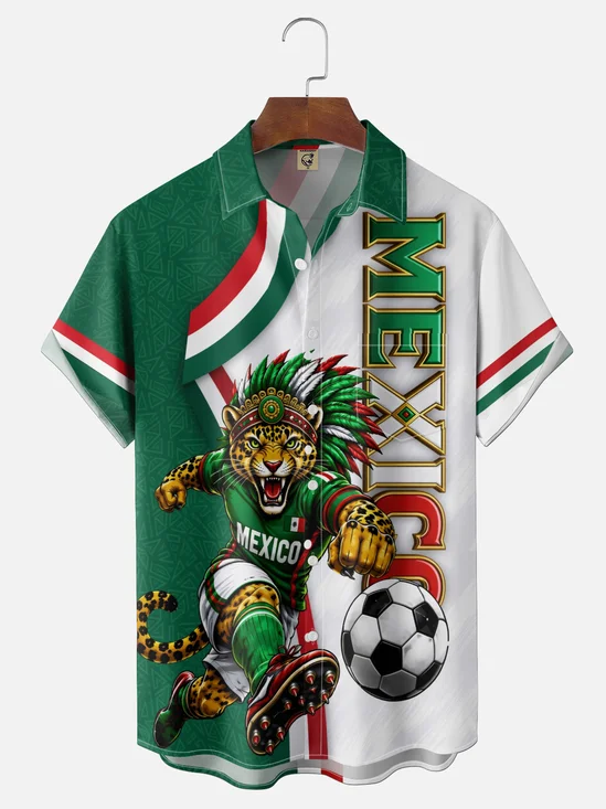 Moisture-Wicking Gradient Mexican Tiger Soccer-Themed Geometric Print Chest Pocket Hawaiian Shirt