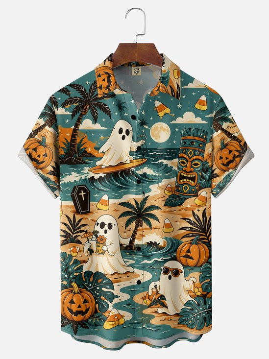 Moisture-Wicking Gradient Halloween Ghosts Pumpkins Tiki Tropical Plants Chest Pocket Hawaiian Shirt
