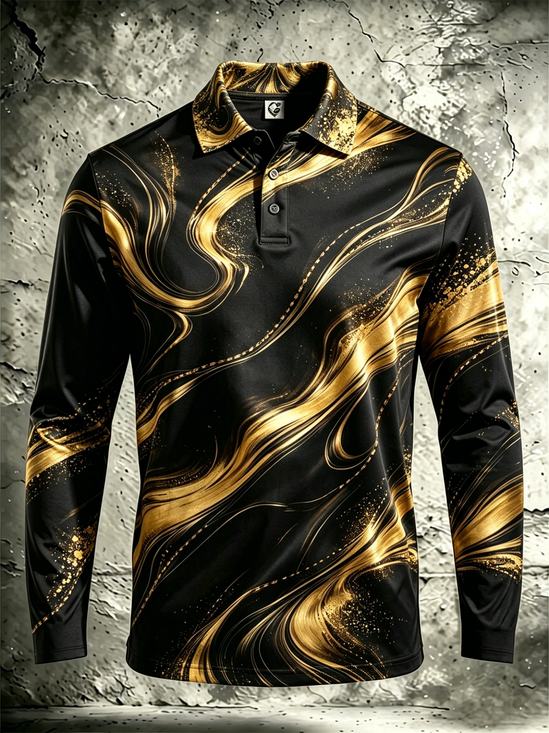 Moisture-Wicking Gradient 3D Abstract Black & Gold Stripe Long-Sleeve Hawaiian Golf Polo