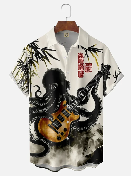 Moisture-Wicking Ethnic-Style Bamboo & Octopus Print  Chest Pocket Hawaiian Shirt