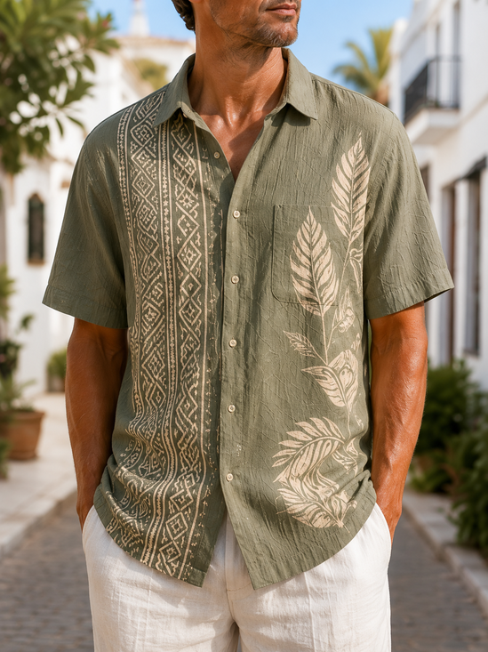 Linen-Texture Tropical Floral Print Chest Pocket  Hawaiian Shirt