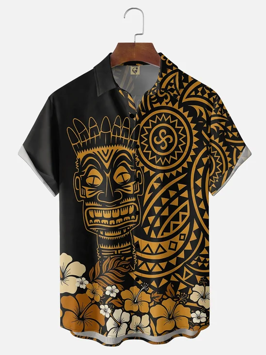 Moisture-Wicking Tropical Floral Tiki-Print Chest Pocket Hawaiian Shirt