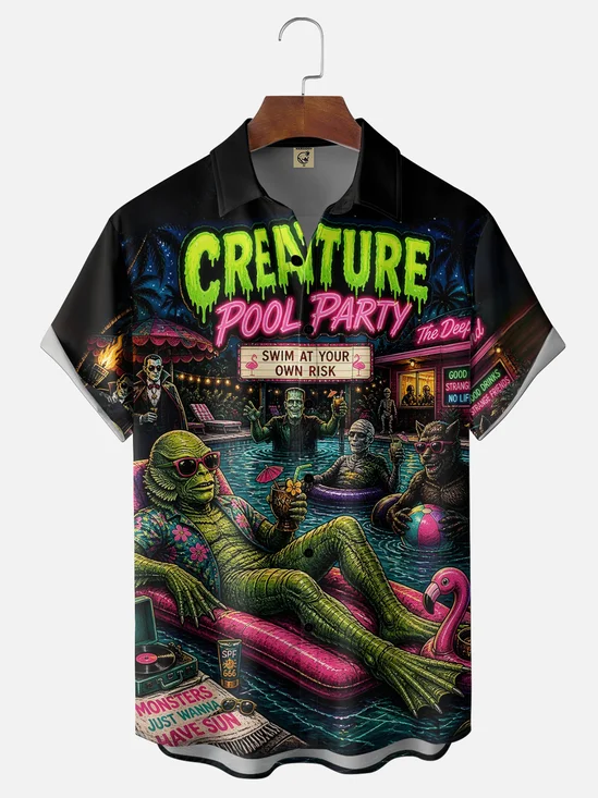 Moisture-Wicking  Fun Monster Creature Pool Party Print and Chest Pocket Hawaiian Shirt