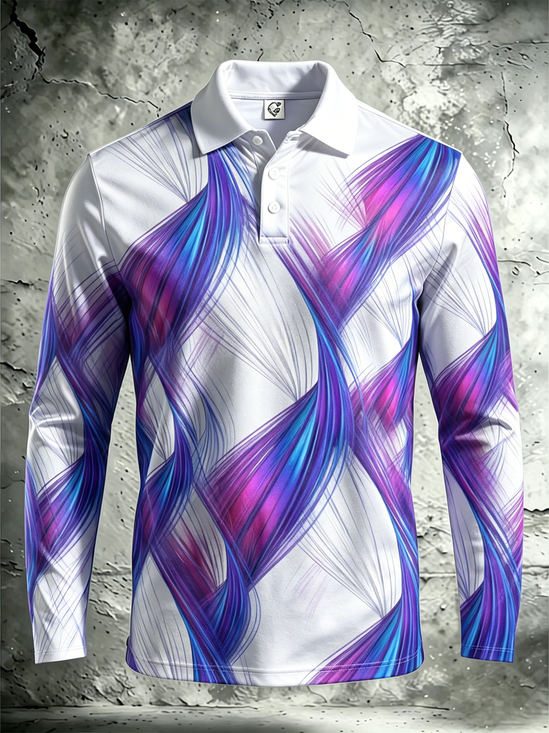 Moisture-Wicking Gradient 3D Abstract Stripe Long-Sleeve Hawaiian Golf Polo