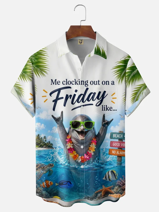 Moisture-Wicking  Fun "Dolphin Friday" Slogan and Chest Pocket Hawaiian Shirt
