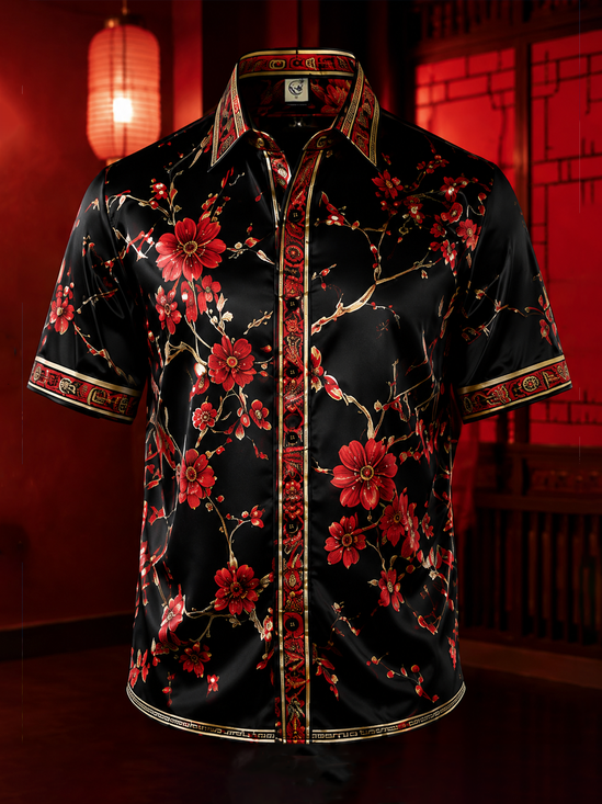 Breathable Silk Satin Vintage-Style Botanical Floral Print  Hawaiian Shirt