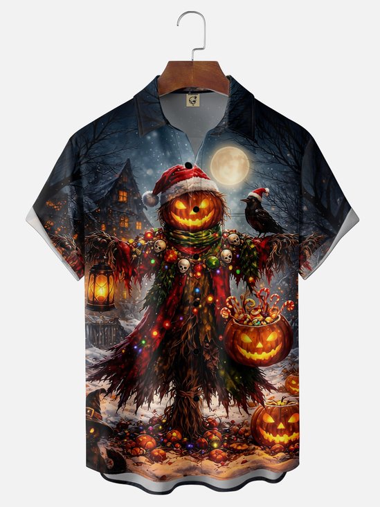 Moisture-Wicking Halloween Christmas Pumpkin & Scarecrow Chest Pocket  Hawaiian Shirt
