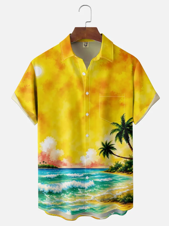 Moisture-Wicking Tropical Plant & Coconut Tree Gradient Beach Chest Pocket Hawaiian Shirt