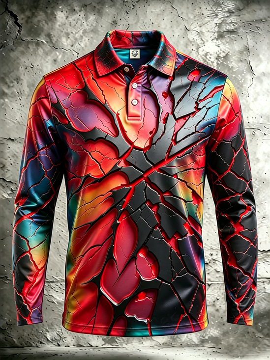 Moisture-Wicking Gradient 3D Abstract Geometric Crack Pattern Long-Sleeve Hawaiian Golf Polo