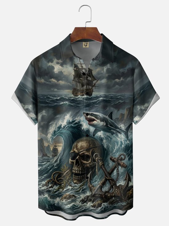 Moisture-Wicking Pirate Ship & Shark Skull Chest Pocket Hawaiian Shirt
