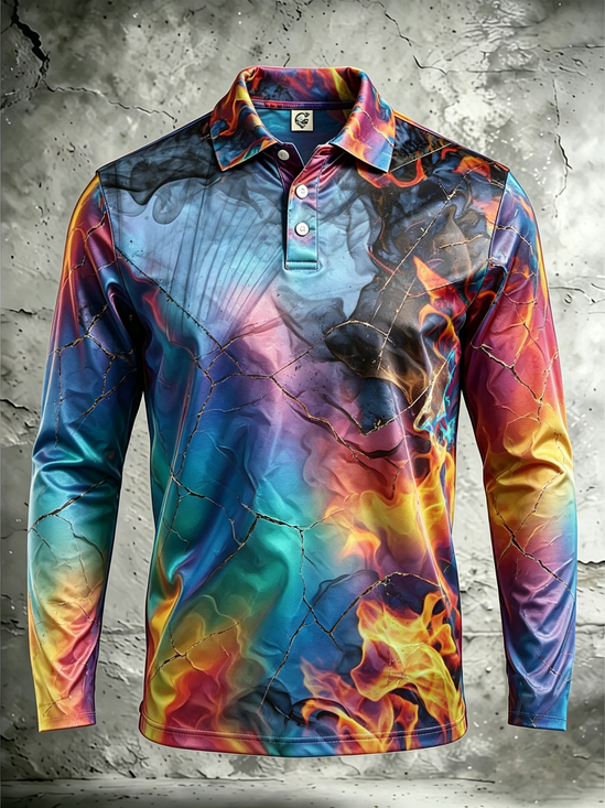 Moisture-Wicking Neon 3D Abstract Flame Geometric Crack Pattern Long-Sleeve Hawaiian Golf Polo