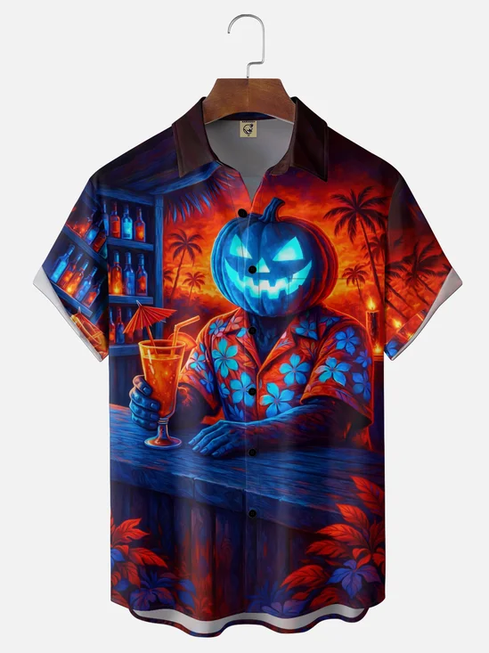 Moisture-Wicking Halloween Pumpkin Cocktail Party  Chest Pocket Hawaiian Shirt