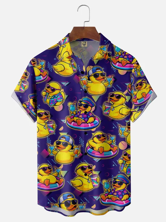 Tall Size Moisture-Wicking Neon-Colored Little Yellow Duck & Cocktail Swim Ring Print Chest Pocket Hawaiian Shirt