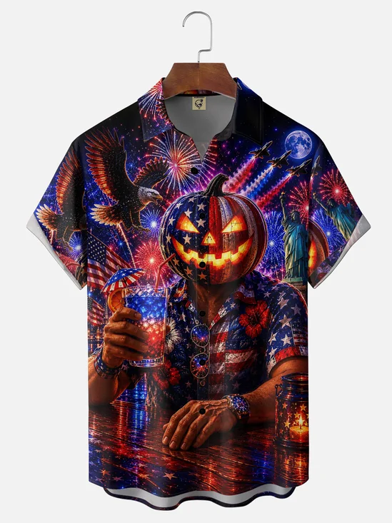 Moisture-Wicking Halloween Pumpkin Cocktail Party Chest Pocket Hawaiian Shirt
