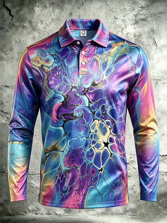 Moisture-Wicking Gradient 3D Abstract Karst-Pattern Long-Sleeve Hawaiian Golf Polo