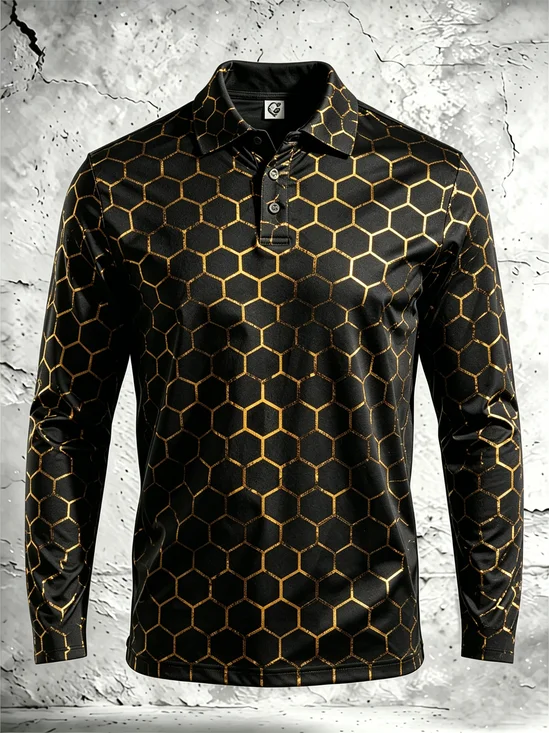 Moisture-Wicking Gradient 3D Abstract Black & Gold Geometric Long-Sleeve Hawaiian Golf Polo