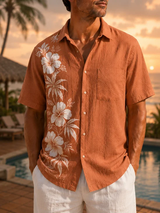 Linen-Texture Tropical Floral Print Chest Pocket Hawaiian Shirt