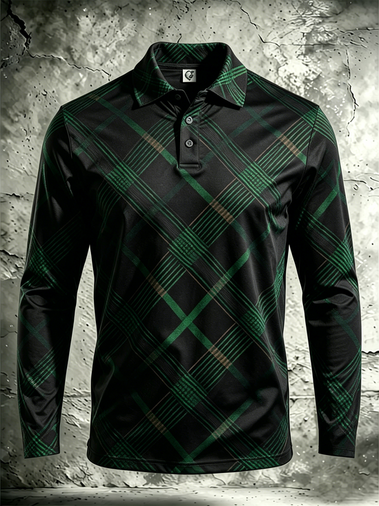 Moisture-Wicking Gradient 3D Abstract Christmas Plaid Long-Sleeve Hawaiian Golf Polo