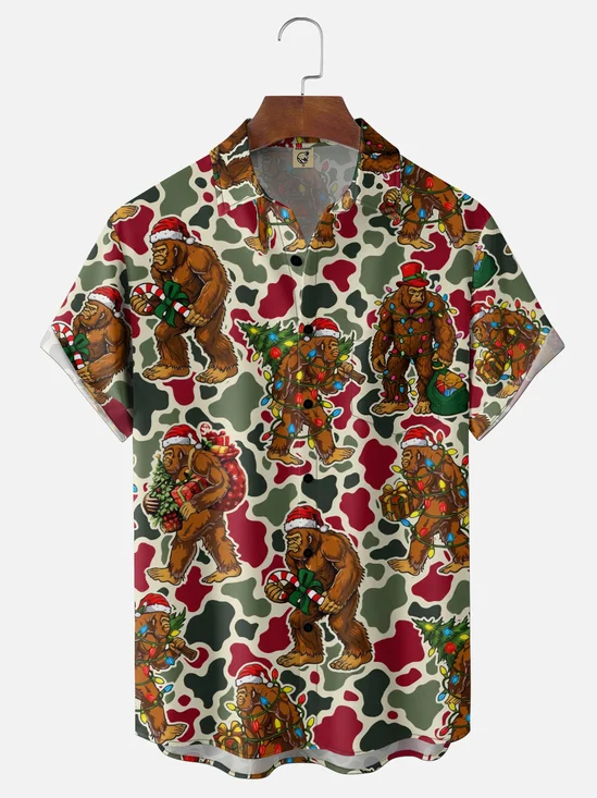 Moisture-Wicking Gradient Christmas Bigfoot Christmas Tree And Candy Cane Print Chest Pocket Hawaiian Shirt