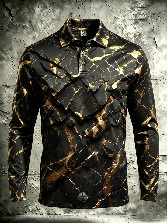 Moisture-Wicking Gradient 3D Abstract Black & Gold Geometric Crack Pattern Long-Sleeve Hawaiian Golf Polo