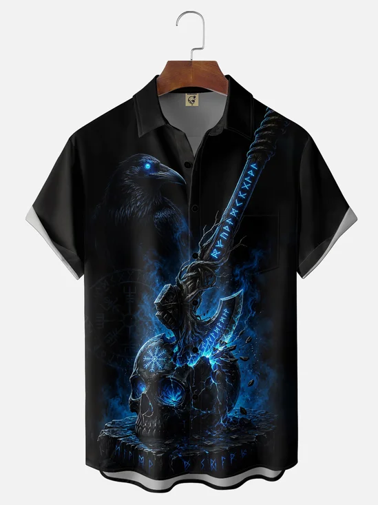 Moisture-Wicking  Viking Battle Axe Skull Odin Ravens  Eye of Odin Design  Chest Pocket Hawaiian Shirt