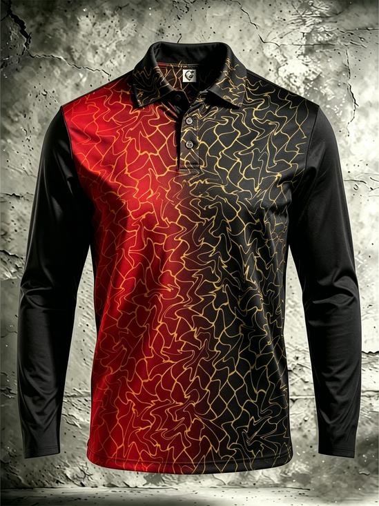 Moisture-Wicking Neon 3D Abstract Wave Pattern Long-Sleeve Hawaiian Golf Polo