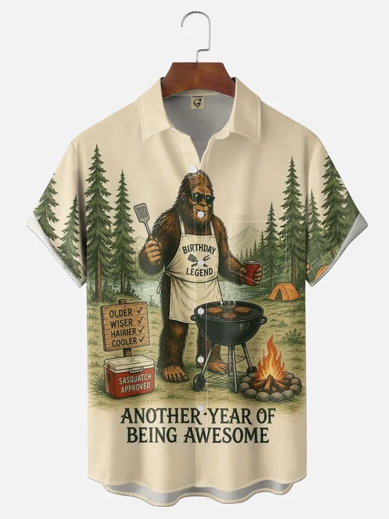 Moisture-Wicking Bigfoot BBQ Birthday Chest-Pocket Hawaiian Shirt