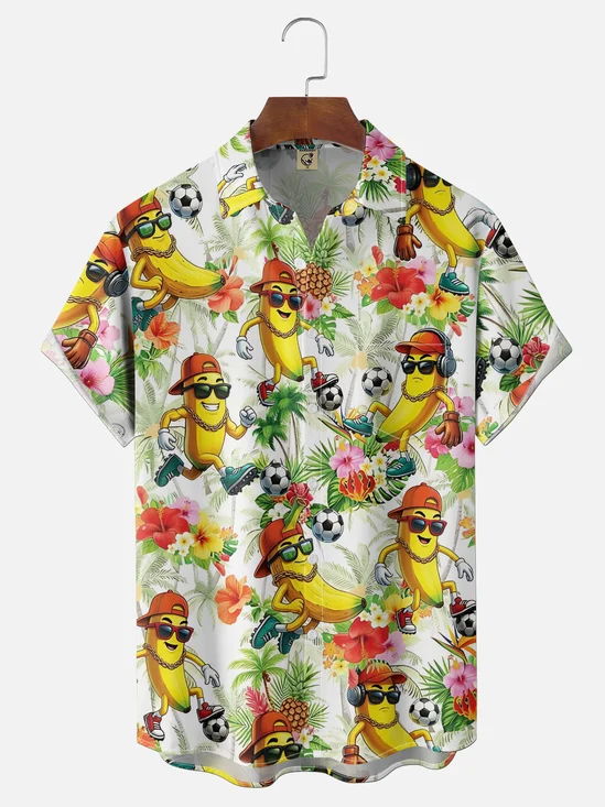 Moisture-Wicking Gradient Tropical Leaf & Banana Print Chest Pocket  Hawaiian Shirt