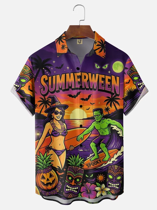 Moisture-Wicking Halloween Bikini Babe Zombie Pumpkin Tiki Chest Pocket Hawaiian Shirt