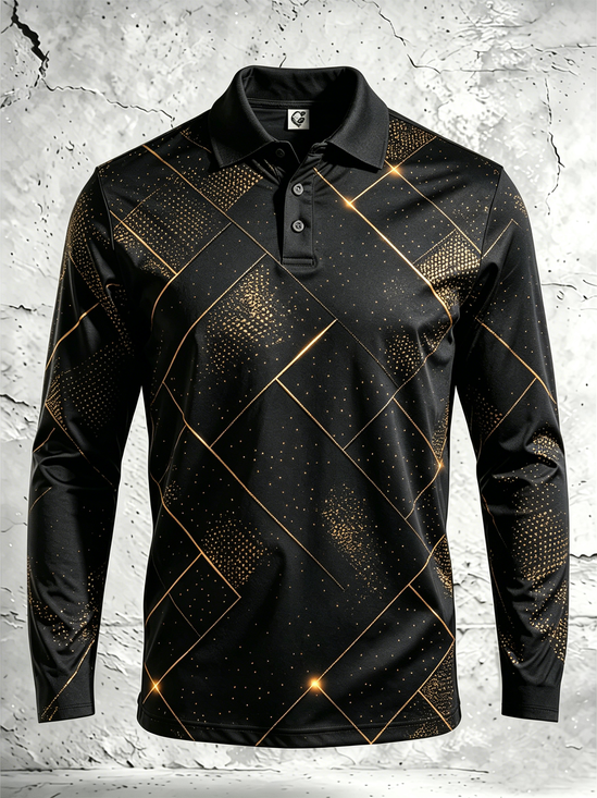 Moisture-Wicking Gradient 3D Abstract Black & Gold Geometric Color-Block Long-Sleeve Hawaiian Golf Polo