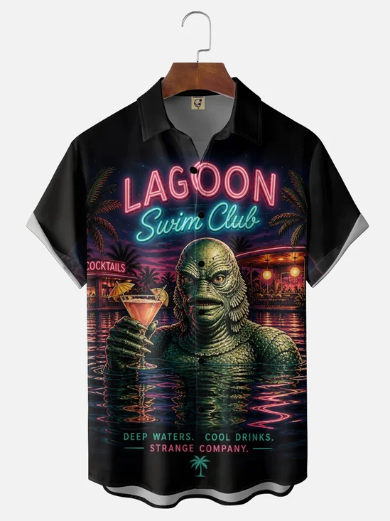 Moisture-Wicking "LAGOON Swim Club" Cocktail-Print  Chest Pocket Hawaiian Shirt